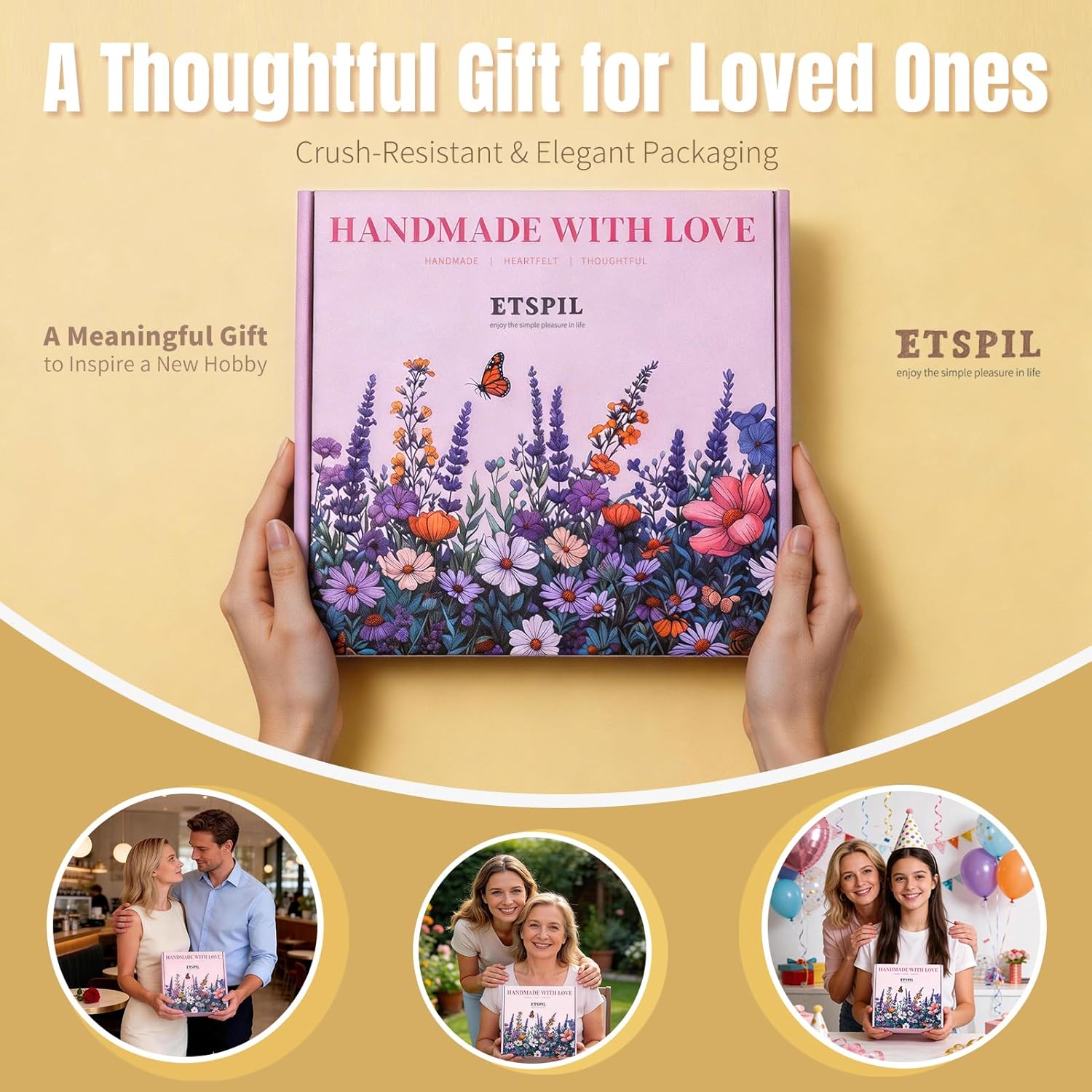 ETSPIL embroidery kit shown as a thoughtful gift with elegant packaging.